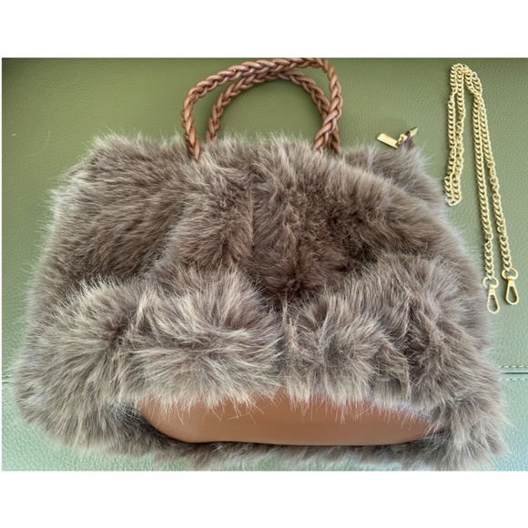 Faux Fur Purse Fluffy Handbag Tote Bag Coffee - Picture 5 of 6